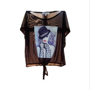 ADORABLE sheer crop top, cartoon print, pre loved, Med, blk net